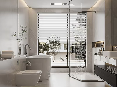 Modern Bathroom Interior Design With Bathtub Glass Shower And Large Window 3d model