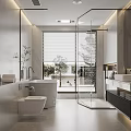 Modern Bathroom Interior Design With Bathtub Glass Shower And Large Window