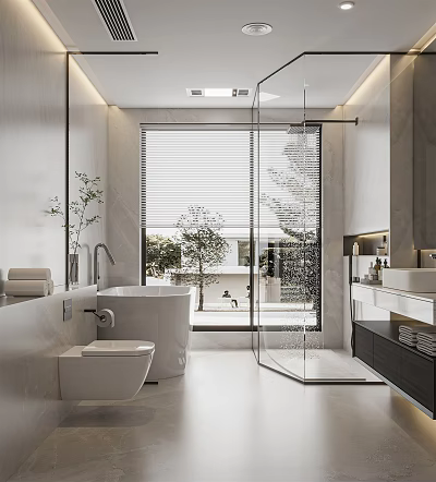 Modern Bathroom Interior Design With Bathtub Glass Shower And Large Window 3d model