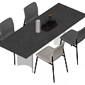 Gray Rectangular Dining Table Set with Four Chairs Black Tray Orange Item and Black Bottle 3d model