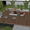 Modern Garden Design with Outdoor Seating Large Tree Green Plants Stone Path and Warm Lighting