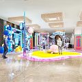 Vibrant Interactive Zone With Colorful Floor Decorative Balloons Neon Lights And Cartoon Decor