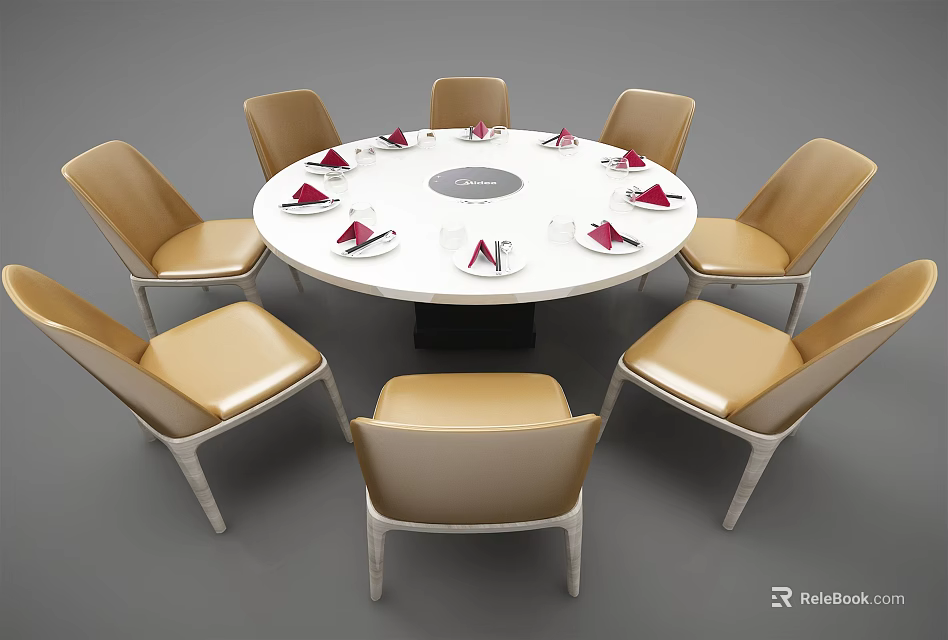 Modern Round Dining Table Set With Beige Chairs And Table Settings 3d model 