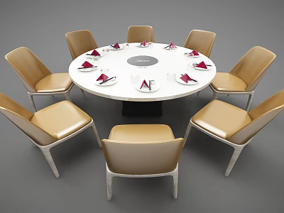 Modern Round Dining Table Set With Beige Chairs And Table Settings 3d model