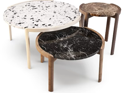Round Coffee Tables With Marble Terrazzo Surfaces And Wooden Legs Design 3d model