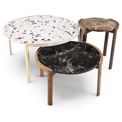 Round Coffee Tables With Marble Terrazzo Surfaces And Wooden Legs Design 3d model