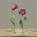 Window Display Decoration With Pink Tulips Green Stems And Wooden Countertop