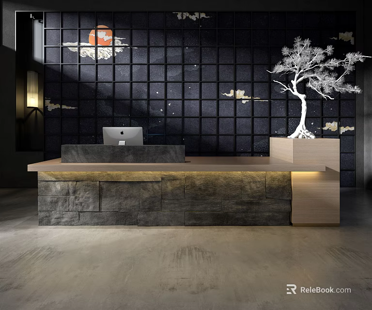 Modern Reception Desk With Stone Countertop Black Grid Wall And White Pine Decor 3d model 