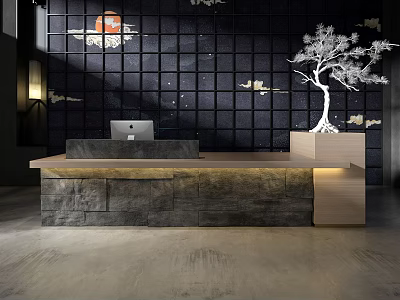 Modern Reception Desk With Stone Countertop Black Grid Wall And White Pine Decor 3d model
