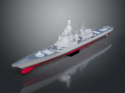 Warship 3D Model Design With Gray Hull Red Bottom Superstructure And Antennas 3d model