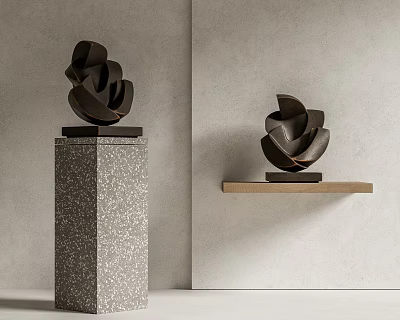 Abstract Black Sculpture Carving Display On Concrete Pedestal And Wooden Shelf 3d model