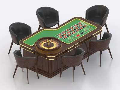 Roulette Entertainment Table Featuring Green Felt Surface Wooden Frame and Black Chairs 3d model
