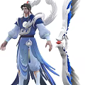 Game Character In Traditional Blue White Outfit With Patterns And Weapon