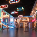 Vibrant Neon Lit Urban Building Area With Escalator Stairs And People Walking
