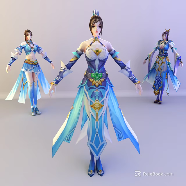 Elegant Blue And White Game Movie Character With Flowing Robe Gold Accents And Green Gemstone 3d model 