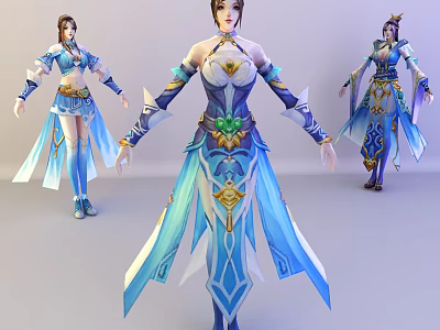 Elegant Blue And White Game Movie Character With Flowing Robe Gold Accents And Green Gemstone 3d model