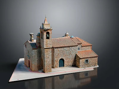 Traditional Church Building with Stone Walls Red Tile Roof Bell Tower and Dome 3d model