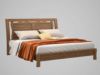 Modern Wooden Double Bed Interior Design With Headboard White Bed Sheet Orange Blanket And Pillows 3d model
