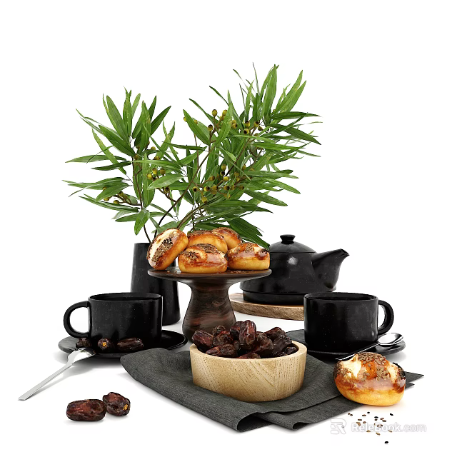 Fresh Baked Pastries and Dates in Wooden Bowl with Teapot Black Mugs and Green Foliage 3d model 