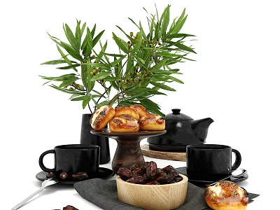 Fresh Baked Pastries and Dates in Wooden Bowl with Teapot Black Mugs and Green Foliage 3d model