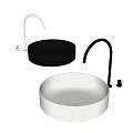 Round Black And White Washbasins With Black Faucet And White Accessories