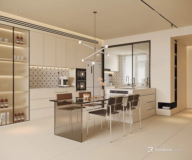 Modern Restaurant Interior With Glass Dining Table Metal Chairs And Pendant Lights 3d model 