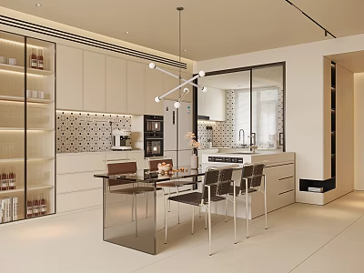 Modern Restaurant Interior With Glass Dining Table Metal Chairs And Pendant Lights 3d model