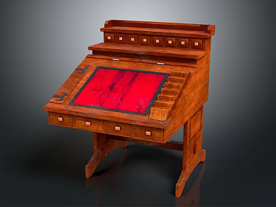 Traditional Wooden Desk With Red Top Surface And Layered Drawer Design 3d model