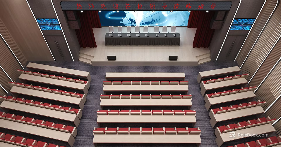 Modern Conference Room With Auditorium Seating Large Screen And Red Curtains 3d model 