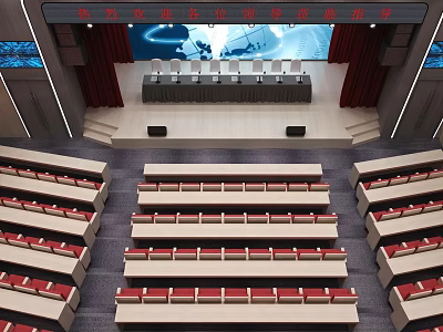 Modern Conference Room With Auditorium Seating Large Screen And Red Curtains 3d model