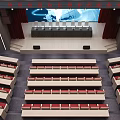 Modern Conference Room With Auditorium Seating Large Screen And Red Curtains