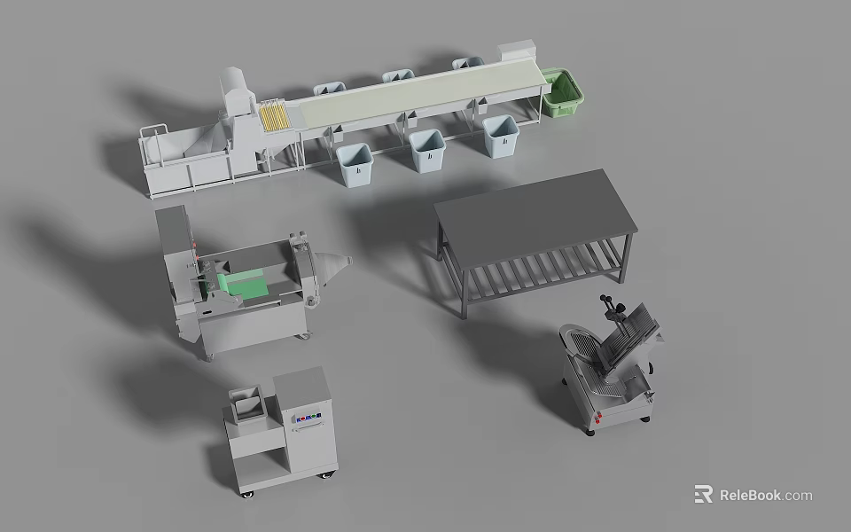 Industrial Equipment System Featuring Conveyor Belt Storage Containers Metal Workbench And Processing Machinery 3d model 