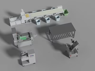 Industrial Equipment System Featuring Conveyor Belt Storage Containers Metal Workbench And Processing Machinery 3d model