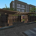 Elegant Contemporary Entrance Gate With Stone Wall Wooden Canopy And Illuminated Landscaped Surroundings