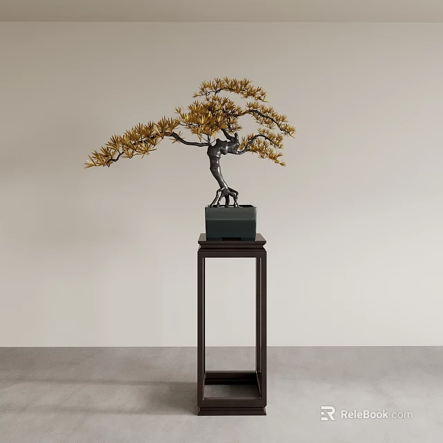 Modern Decorative Ornament Set With Bonsai Tree In Dark Square Pot On Square Wooden Stand 3d model 