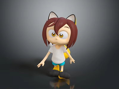 Cute Cartoon Character With Cat Ears Brown Hair Yellow Eyes And Tail 3d model