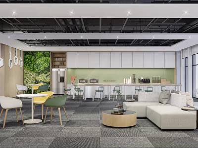 Modern Open Break Room With Green Plant Wall White Cabinets Bar Counter Sofa And Tables 3d model