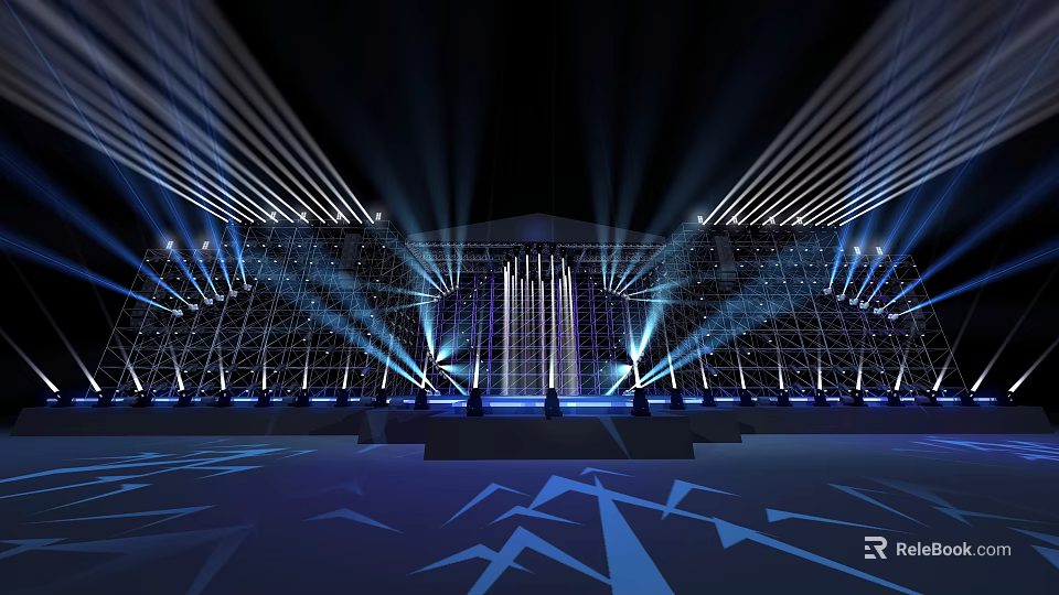 Large Stage With Blue Lighting And Beam Effects 3d model 