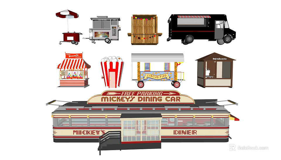 Collection of Various Food Carts Mickey's Dining Car Popcorn Bucket and Snack Stalls 3d model 