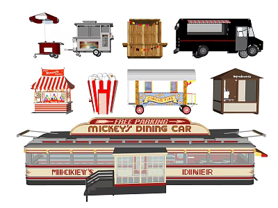 Collection of Various Food Carts Mickey's Dining Car Popcorn Bucket and Snack Stalls 3d model