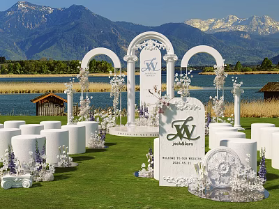 Commercial Equipment For Outdoor Wedding With White Arches Chairs Lake And Mountain Views 3d model