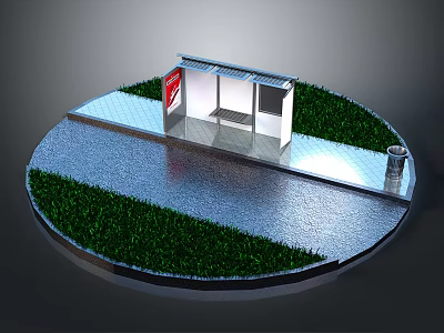 Modern Bus Stop Shelter Structure with Glass Walls Grass Area and Pavement Trash Can 3d model