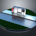 Modern Bus Stop Shelter Structure with Glass Walls Grass Area and Pavement Trash Can