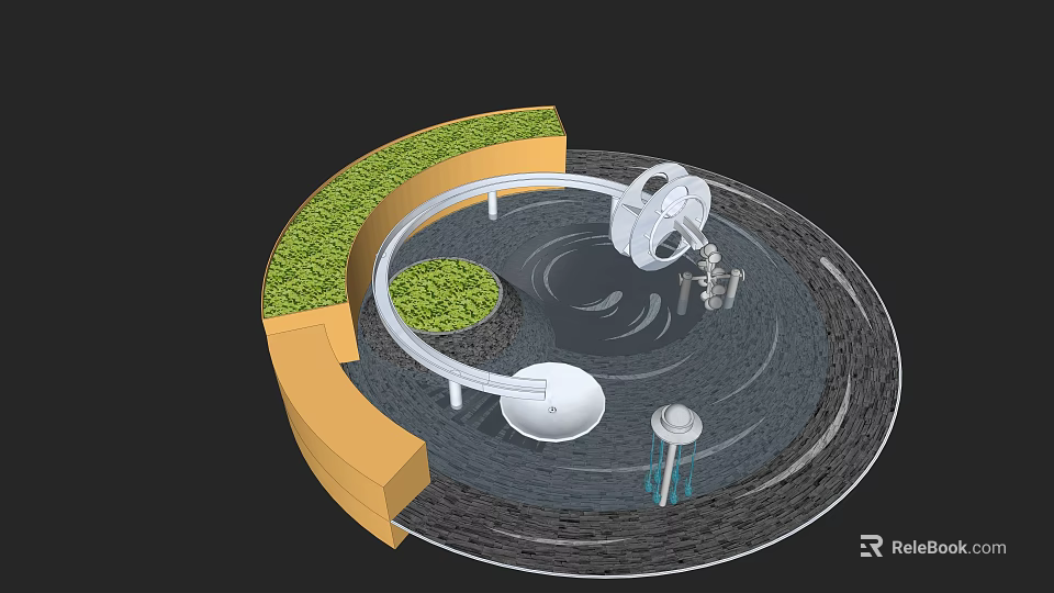 Modern Circular Water Fountain Design With Green Plants And Water Ripples 3d model 