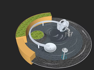 Modern Circular Water Fountain Design With Green Plants And Water Ripples 3d model