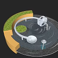 Modern Circular Water Fountain Design With Green Plants And Water Ripples