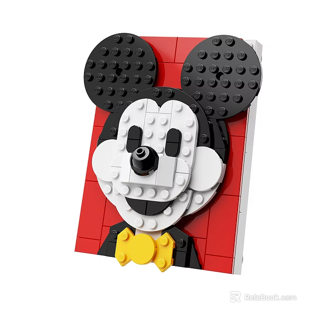 Building Blocks Mickey Mouse Head With Black Ears White Face Yellow Bowtie And Red Background 3d model 