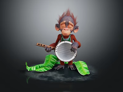 Cartoon Monkey Game Movie Character in Red Overalls Sitting with Banjo on Green Leaves 3d model