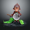 Cartoon Monkey Game Movie Character in Red Overalls Sitting with Banjo on Green Leaves