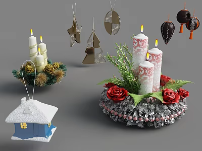 Winter Plant Arrangement With Roses Pine Branches Candles Ornaments And Snowy House 3d model